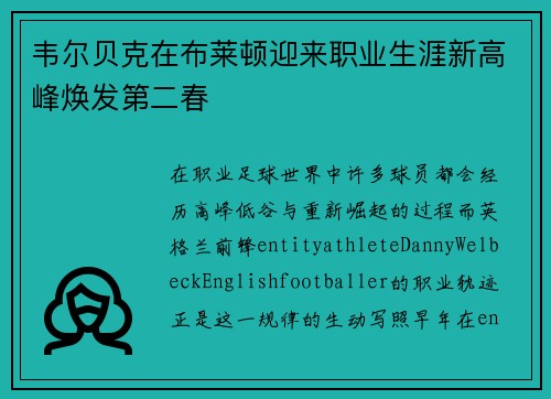 韦尔贝克在布莱顿迎来职业生涯新高峰焕发第二春