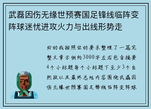 武磊因伤无缘世预赛国足锋线临阵变阵球迷忧进攻火力与出线形势走